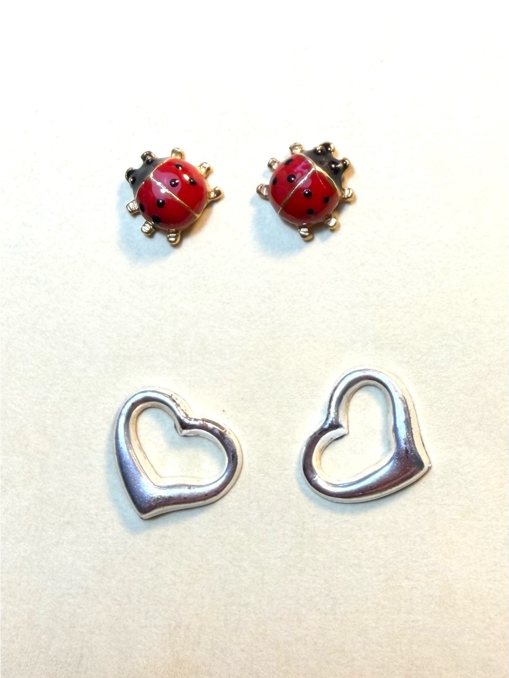 Vintage NR Ladybug Earrings And Silver Tone Heart Pierced Earrings